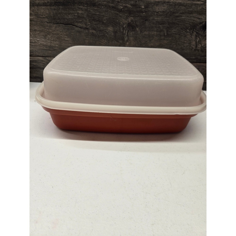 Vintage‎ Tupperware Bacon Deli Meat Keeper 1294 Burnt Orange Sheer White USA